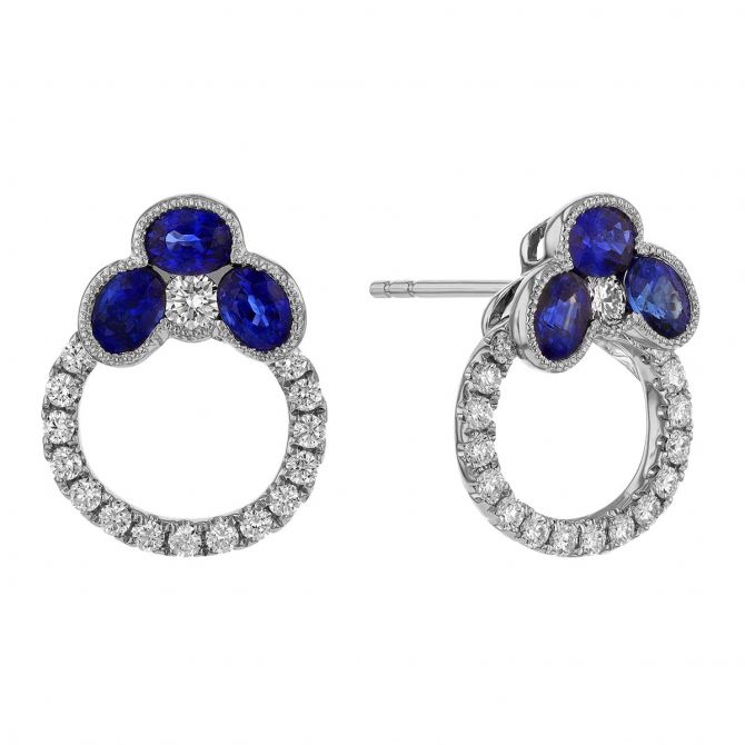 Sapphire Trio & Diamond Open Circle Earrings in White Gold