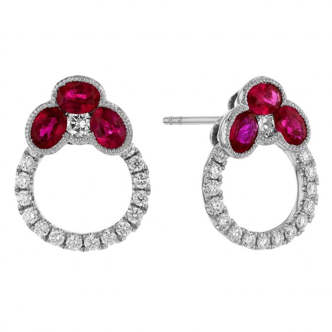 Ruby Trio & Diamond Open Circle Earrings in White Gold