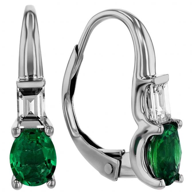 Oval Emerald & Emerald Cut Diamond Drop Earrings in White Gold