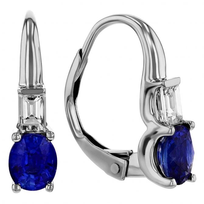 Oval Sapphire & Emerald Cut Diamond Drop Earrings in White Gold