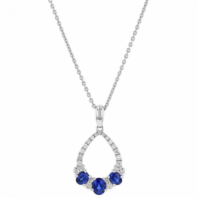 Oval Sapphire Trio & Diamond Open Pear Shaped Pendant in White Gold, 18"