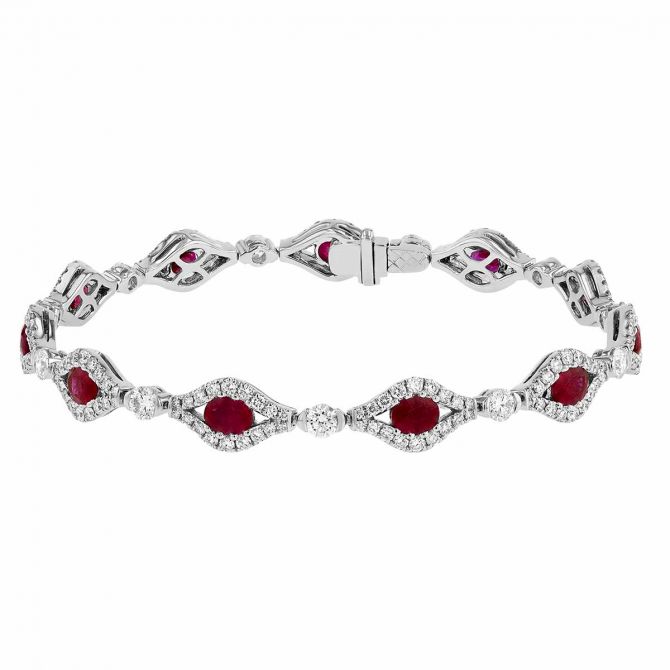 Oval Ruby & Diamond Marquise Shaped Halo Bracelet in White Gold, 7.5"