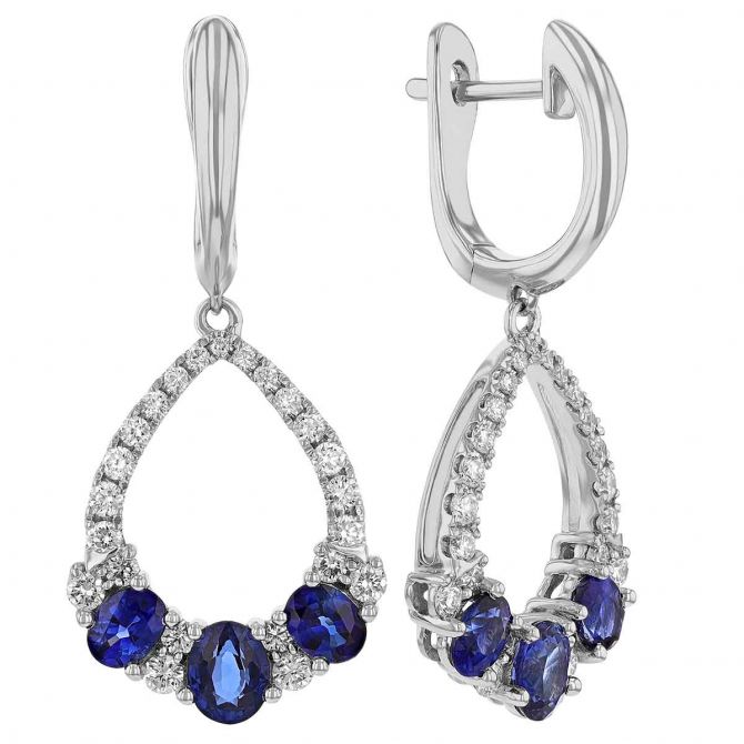 Oval Sapphire Trio & Diamond Open Pear Shaped Huggie Dangle Earrings in White Gold