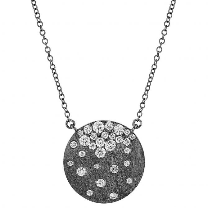 Diamond Flush Set Scatter Disc Pendant in Black Rhodium & White Gold, 18"