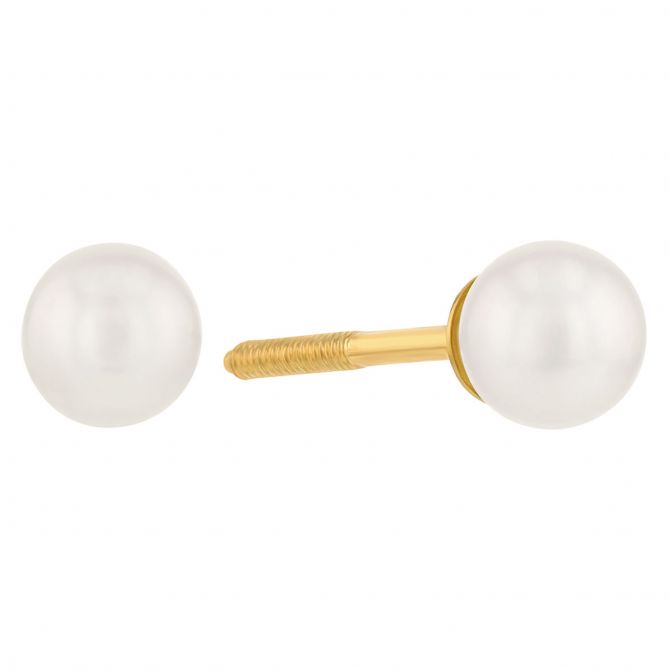 Children's White Cultured Pearl Stud Earrings in Yellow Gold