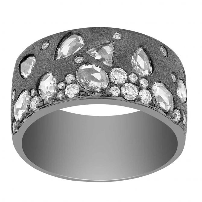 Mixed Shape Diamond Flush Set Scatter Wide Band Ring in Black Rhodium & White Gold