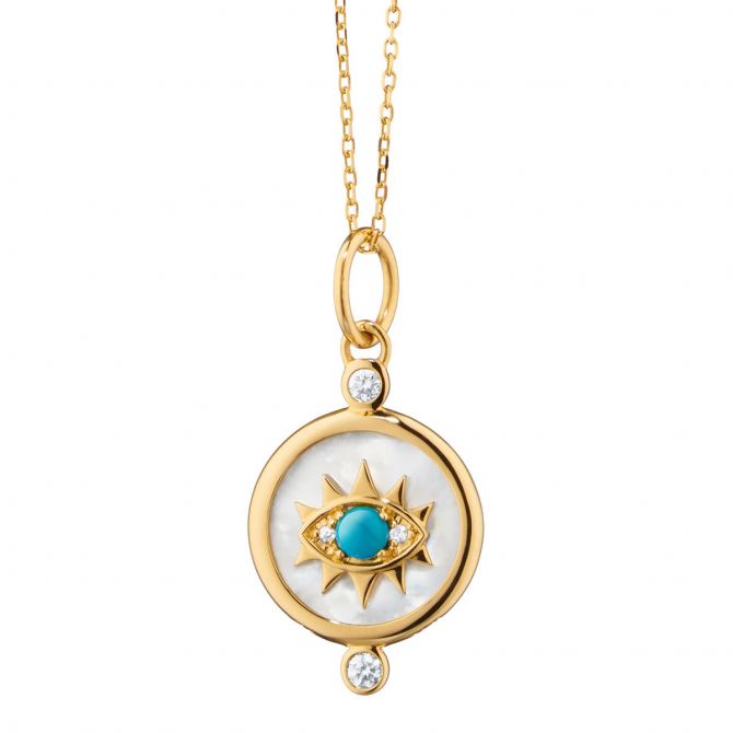 Monica Rich Kosann Turquoise, Diamond, & Mother of Pearl "Protect" Evil Eye Pendant in Yellow Gold