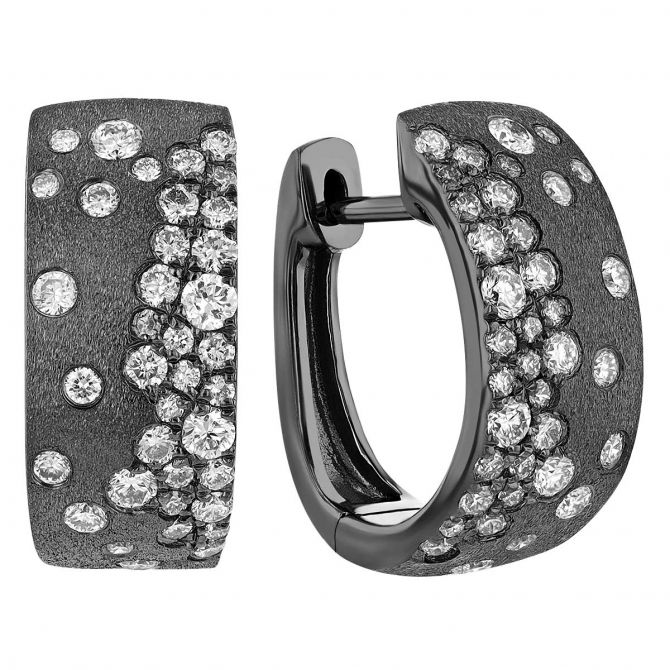 Diamond Flush Set Scatter Huggie Hoop Earrings in Black Rhodium & White Gold