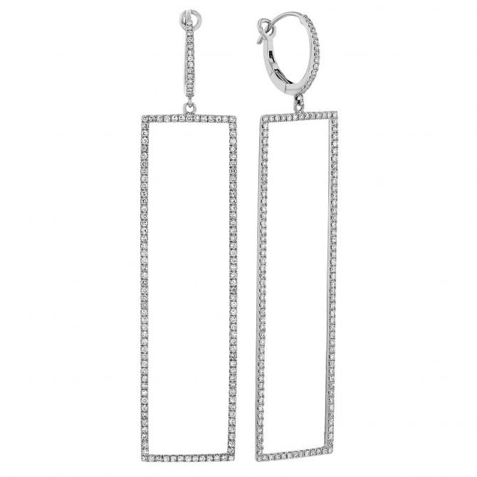 Diamond Long Open Rectangle Huggie Dangle Earrings in White Gold