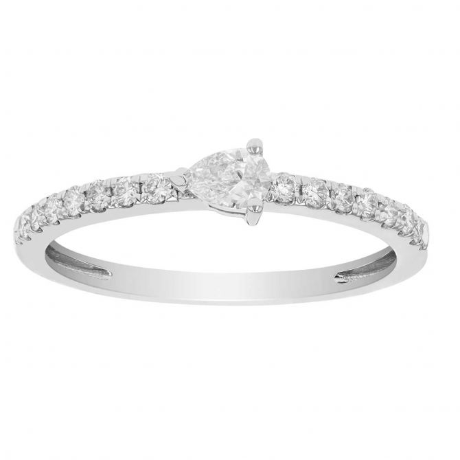 Pear Shaped Diamond & Pavé Shank Ring in White Gold