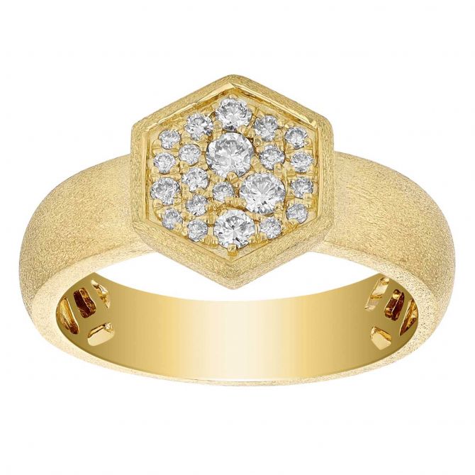 Diamond Pavé Hexagon Ring in Satin Yellow Gold