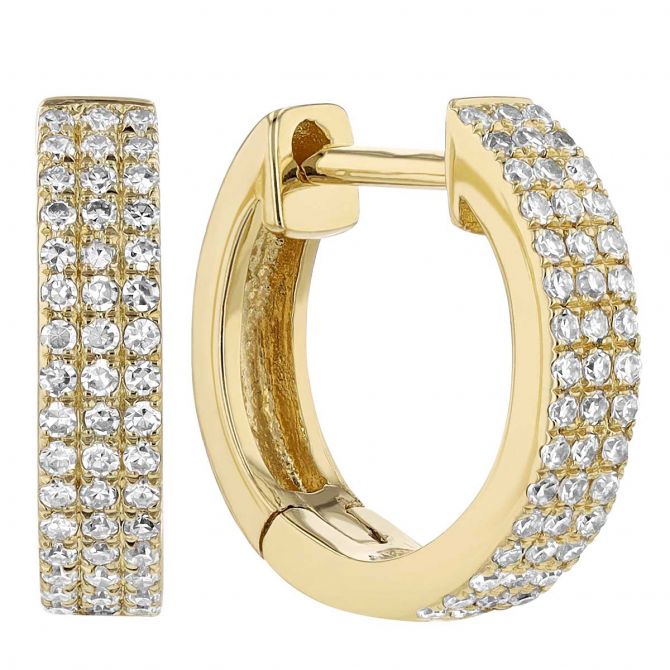 Diamond Pavé 3 Row Huggie Hoop Earrings in Yellow Gold