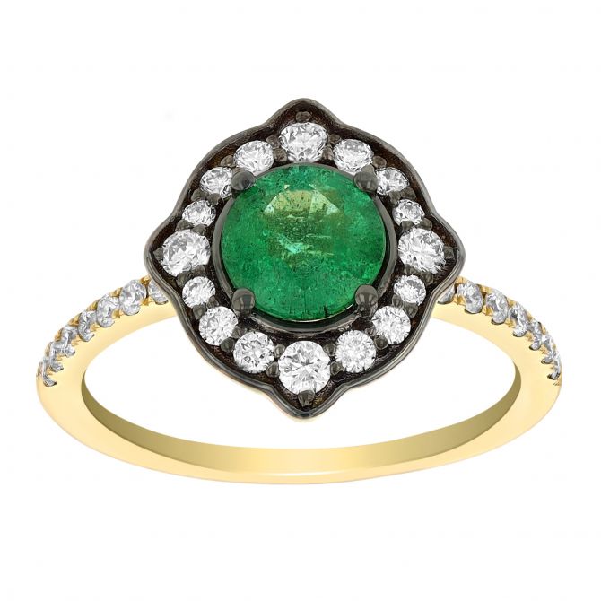 Round Emerald & Diamond Halo Ring in Yellow Gold & Black Rhodium