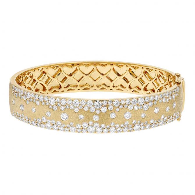 Diamond Flush Set Scatter Wide Bangle Bracelet in Yellow Gold