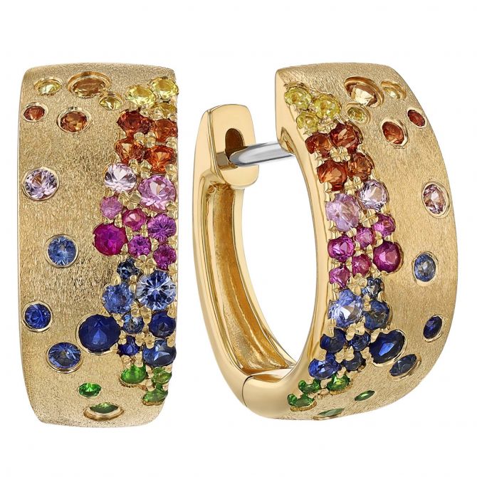 Multicolored Sapphire & Tsavorite Flush Set Scatter Huggie Hoop Earrings in Yellow Gold