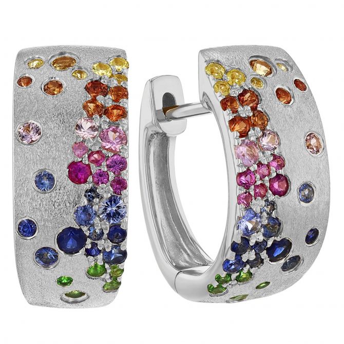 Multicolored Sapphire & Tsavorite Flush Set Scatter Huggie Hoop Earrings in White Gold