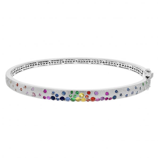 Multicolored Sapphire & Tsavorite Flush Set Scatter Bangle Bracelet in White Gold