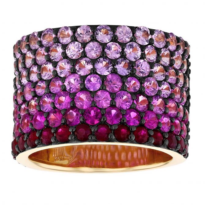 Multicolored Pink Sapphire Gradient Wide Band Ring in Yellow Gold & Black Rhodium