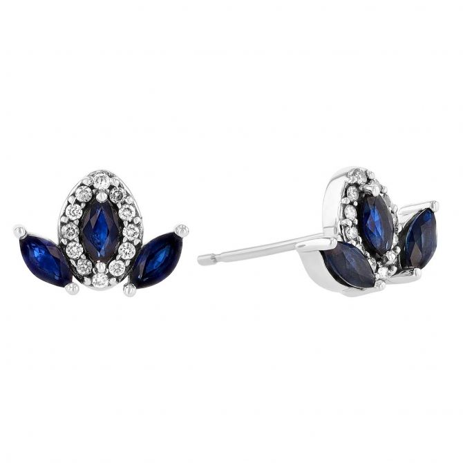 Marquise Sapphire & Diamond 3 Petal Stud Earrings in White Gold