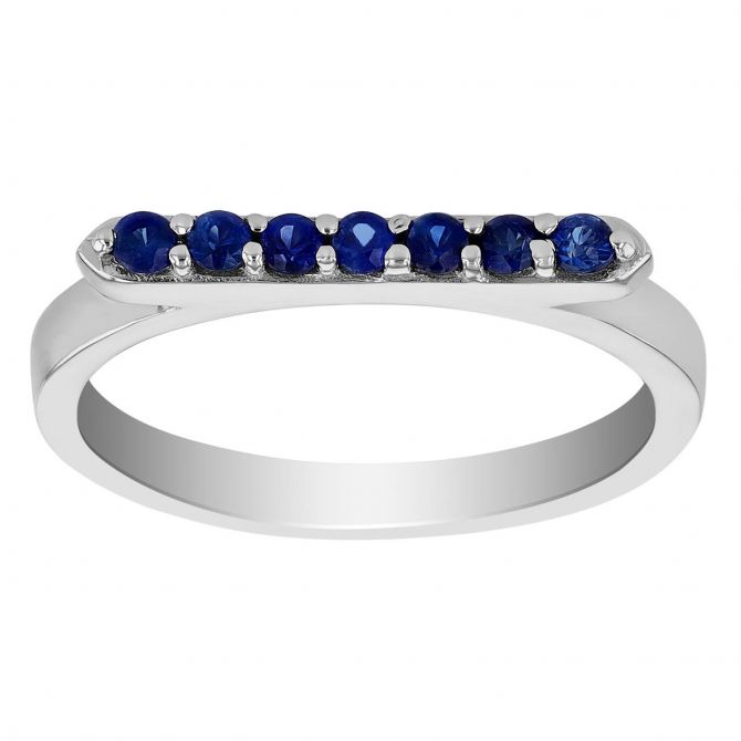 Round Sapphire Horizontal Bar Ring in White Gold