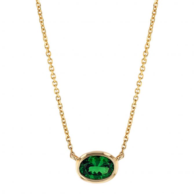 Oval Tsavorite Garnet Bezel Set Solitaire Pendant in Yellow Gold, 18"