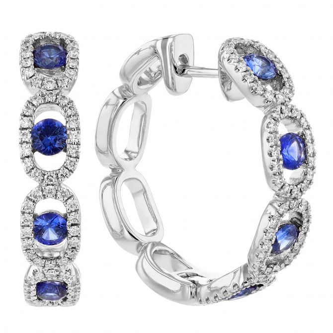 Round Sapphire & Diamond Oval Halo Hoop Earrings in White Gold