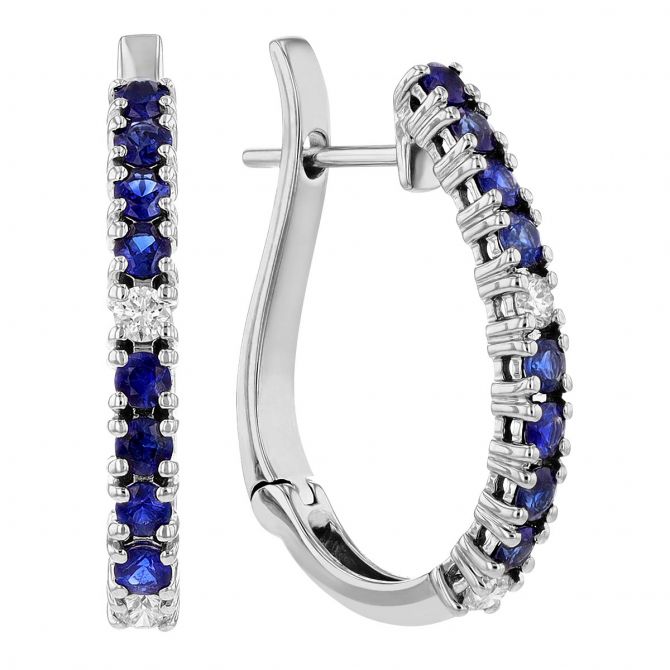 Sapphire & Diamond Accent Leverback Hoop Earrings in White Gold