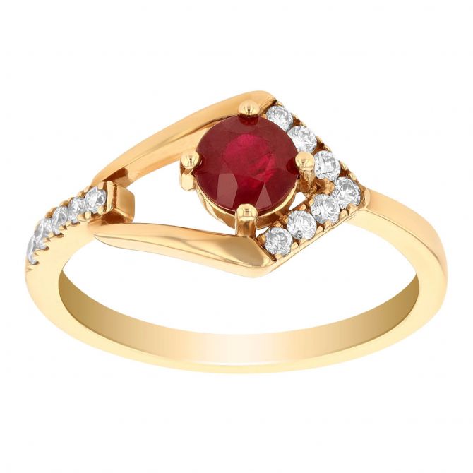 Round Ruby & Diamond Geometric Ring in Yellow Gold