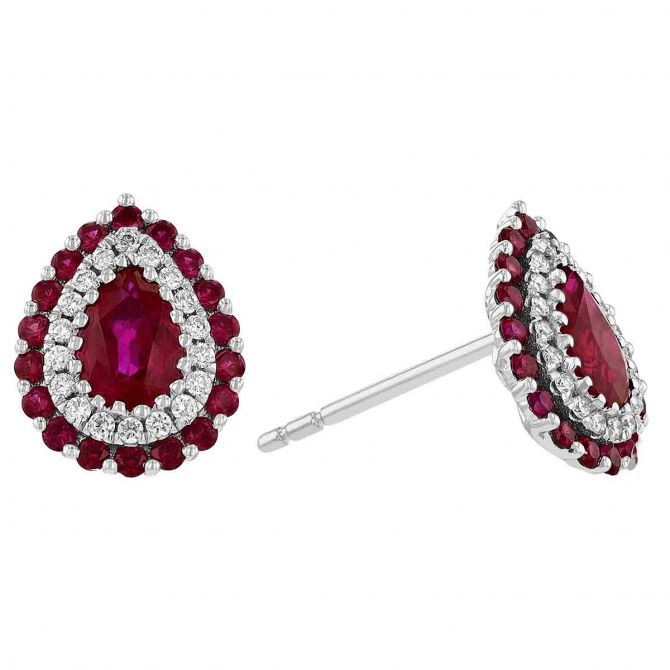 Pear Shaped Ruby with Diamond & Ruby Halo Stud Earrings in White Gold