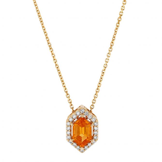 Hexagon Spessartine Garnet & Diamond Pointed Halo Pendant in Yellow Gold, 18"