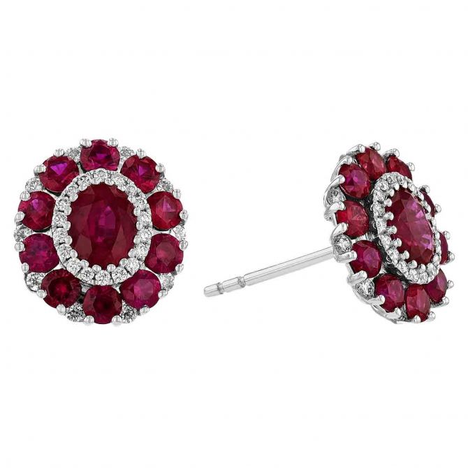 Oval Ruby with Diamond & Ruby Halo Stud Earrings in White Gold