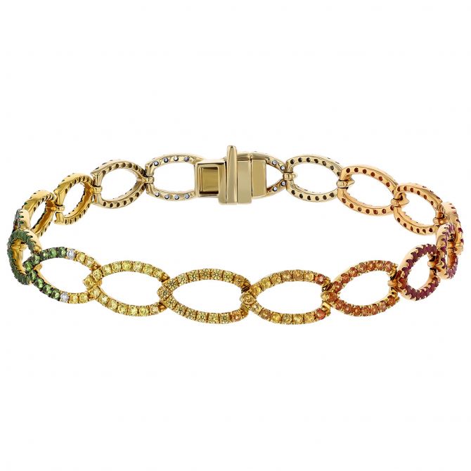 Multicolored Sapphire & Diamond Pear Shaped Link Bracelet in Yellow Gold, 6.75"