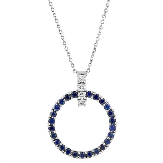 Sapphire Open Circle & Diamond Bail Pendant in White Gold, 18"