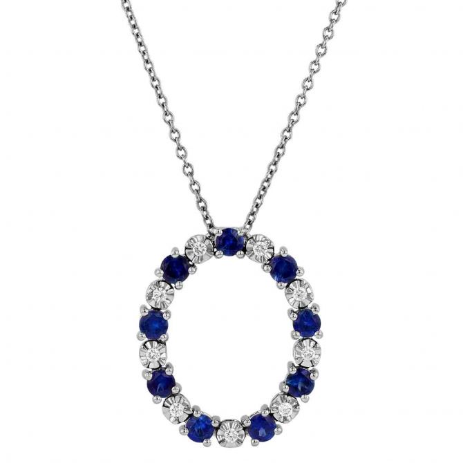 Sapphire & Diamond Alternating Open Oval Pendant in White Gold, 18"