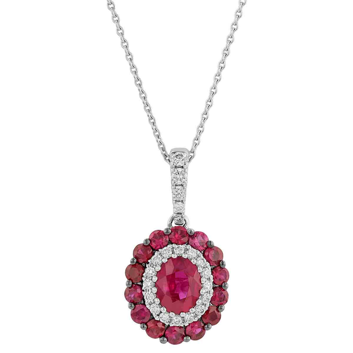 Oval Ruby with Diamond & Ruby Halo Pendant in White Gold, 18