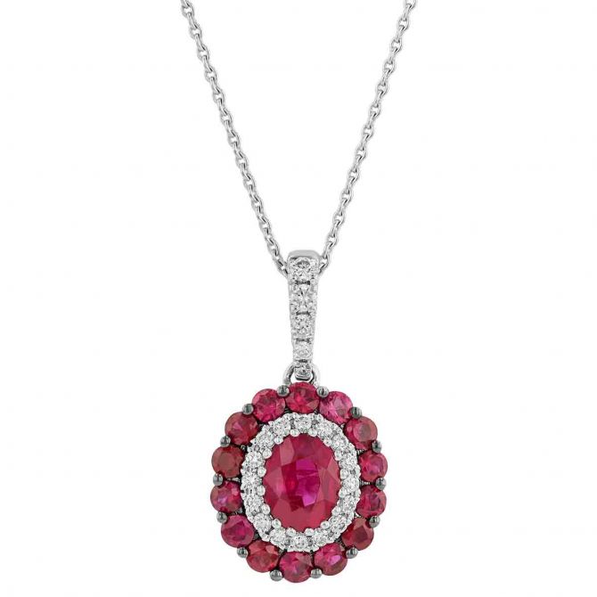 Oval Ruby with Diamond & Ruby Halo Pendant in White Gold, 18"