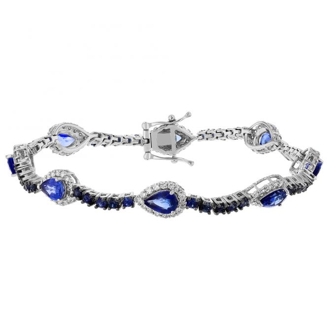 Pear Shaped Sapphire with Diamond Halo & Round Sapphire Bracelet in White Gold, 7"