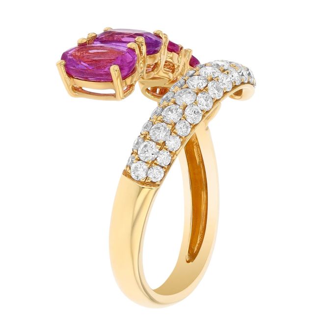 Oval Pink Sapphire & Diamond Pavé Bypass Ring in Yellow Gold