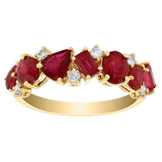 Mixed Shape Ruby & Round Diamond Ring in Yellow Gold