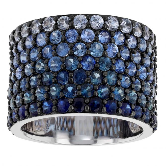 Blue Sapphire Pave Ombre Wide Band Ring in White Gold & Black Rhodium