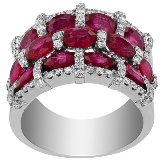 Oval Ruby & Diamond 3 Row Woven Ring in White Gold