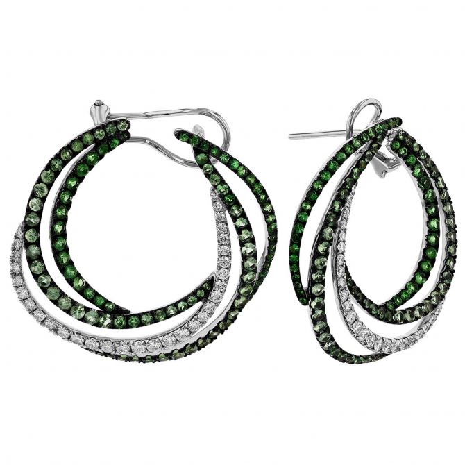 Tsavorite Garnet & Diamond Layered Circle Earrings in White Gold & Black Rhodium