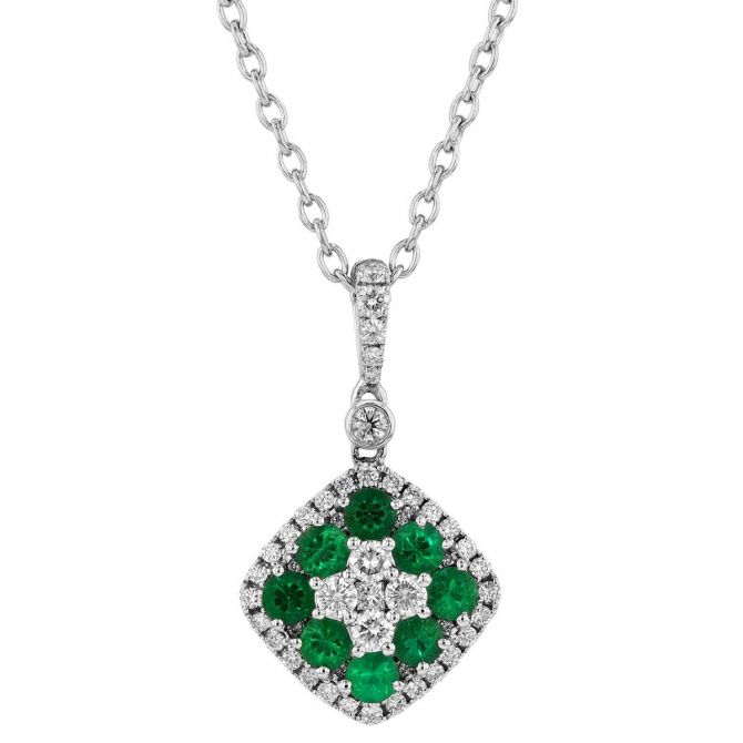 Round Emerald & Diamond Halo Cluster Pendant in White Gold