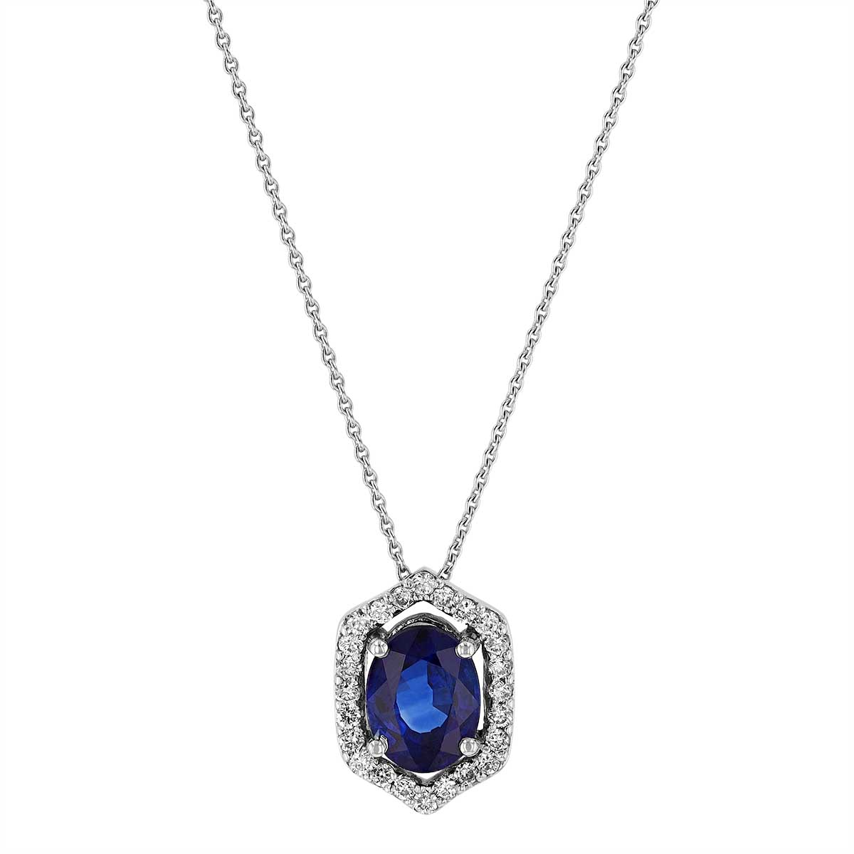 Oval Sapphire & Diamond Pointed Halo Pendant in White Gold | Borsheims