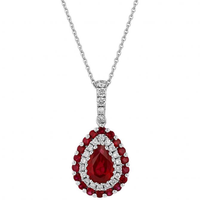 Pear Shaped Ruby with Diamond & Ruby Halo Pendant in White Gold