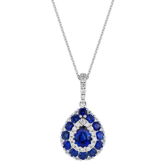 Pear Shaped Sapphire with Diamond & Sapphire Halo Pendant in White Gold