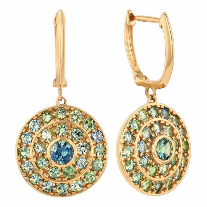 Sapphire Mosaic Round Dangle Earrings in Yellow Gold