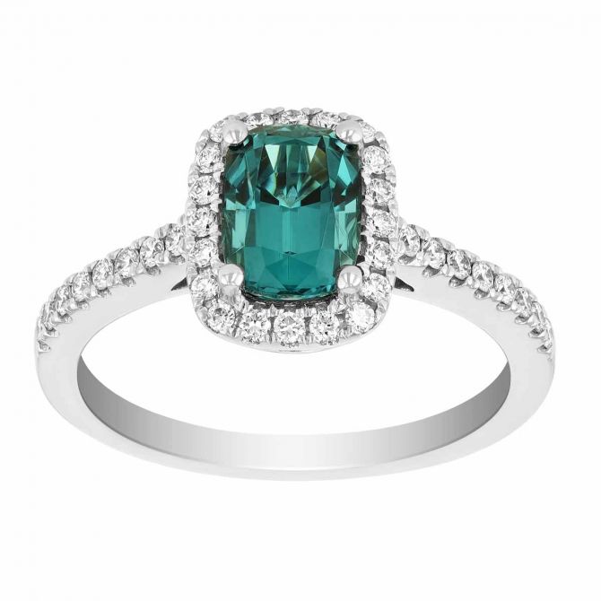 Cushion Tourmaline & Diamond Halo and Shank Ring in White Gold