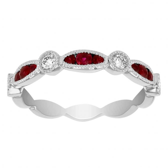 Ruby & Diamond Milgrain Alternating Bezel Set Ring in White Gold