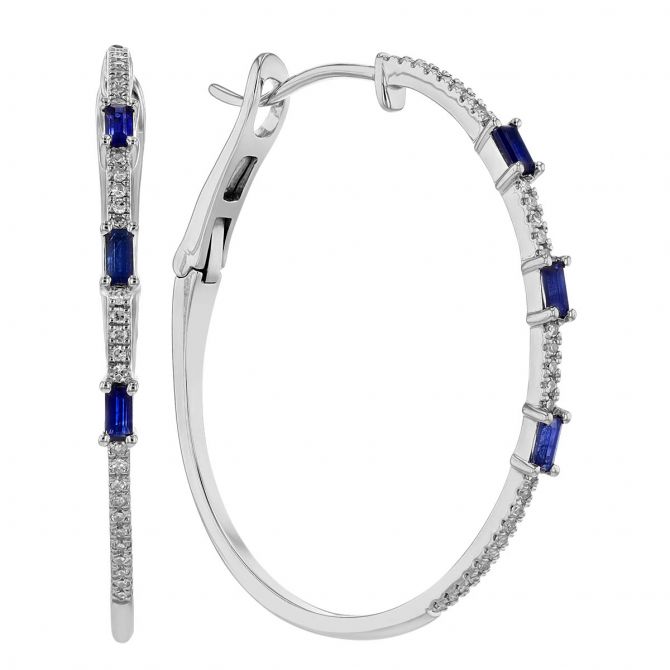 Baguette Sapphire Trio & Round Diamond Hoop Earrings in White Gold